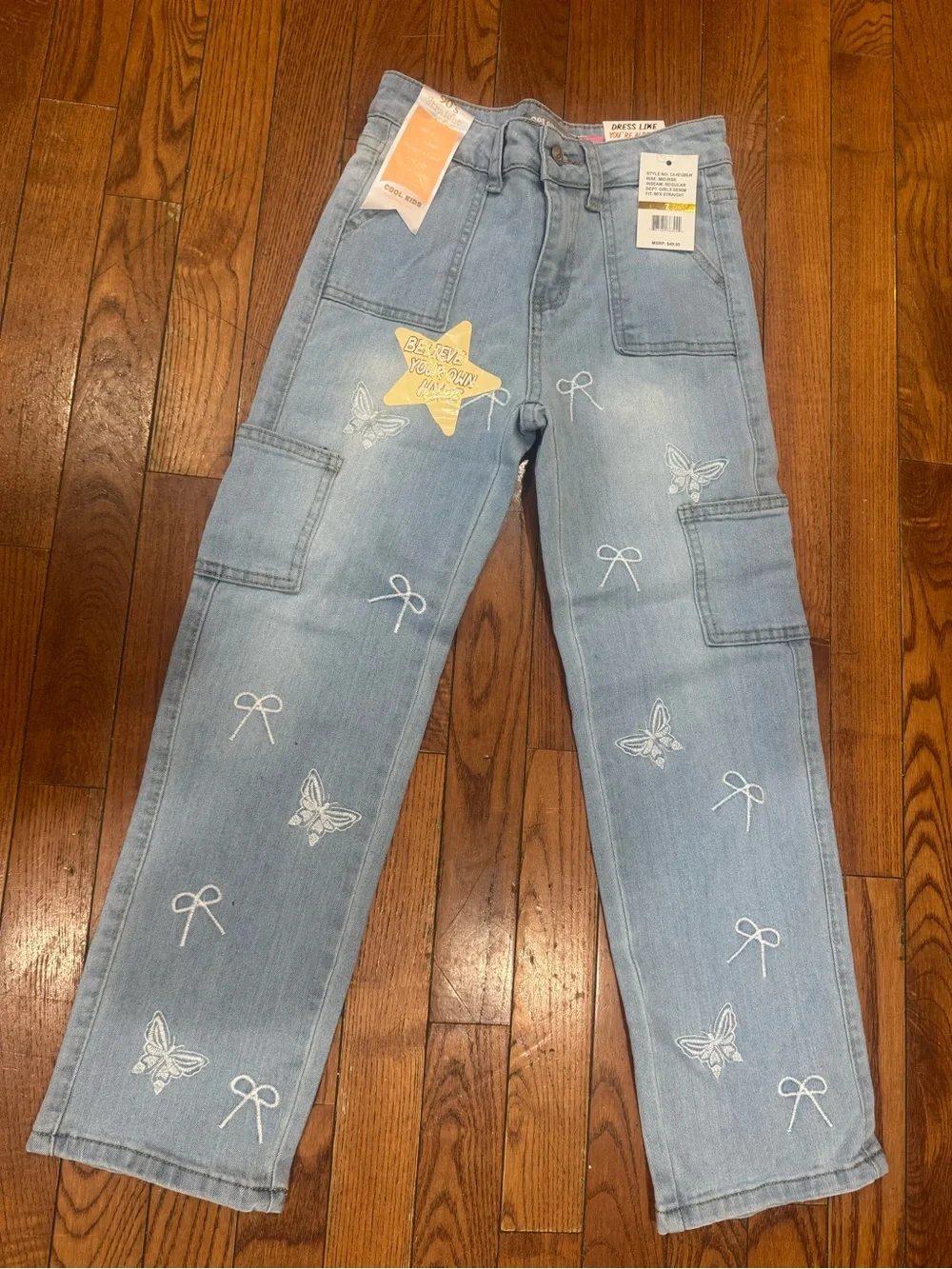 Girls Light Blue Embroidered Wide-Leg Jeans